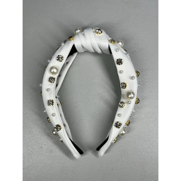 Faux Pearl and Jewel Rhinestone Headband White Knotted Formal Statement - Picture 3 of 6